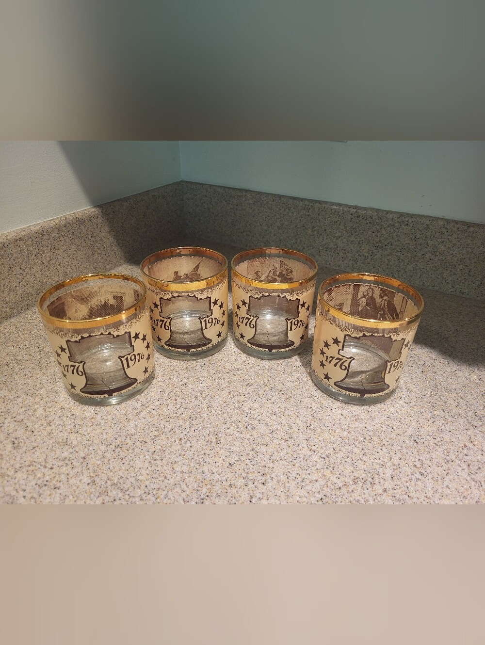 Vintage 1776-1976 Bicentennial Liberty Bell Gold Rim Rocks Glasses Set of 4